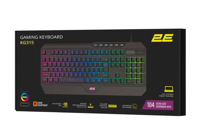 2E GAMING Membrane keyboard KG315 110key, USB-A, EN/UA, RGB, black