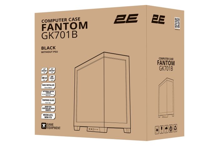 Корпус 2E GAMING Fantom GK701B без БЖ 2xUSB3.0, 1xUSBType-C, 4x120мм ARGB, VGA 400мм, LCS ready, контролер з пультом, TG Side/Front Panel, mATX, чорний