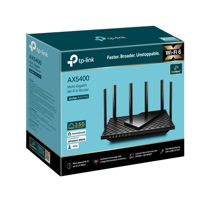 Маршрутизатор TP-LINK ARCHER AX72 PRO AX5400, 3xGE LAN, 1x2.5GE WAN/LAN, 1xGE WAN/LAN, 1xUSB 3.0, MESH