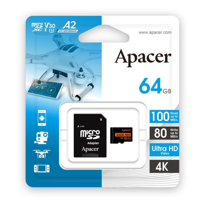 Карта памяти Apacer microSD  64GB C10 UHS-I U3 A2 R100/W80MB/s + SD