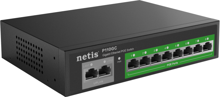 Коммутатор   10xGE (8xPoE, 2xUplink), 120Вт, Неуправляемый Netis P110GC