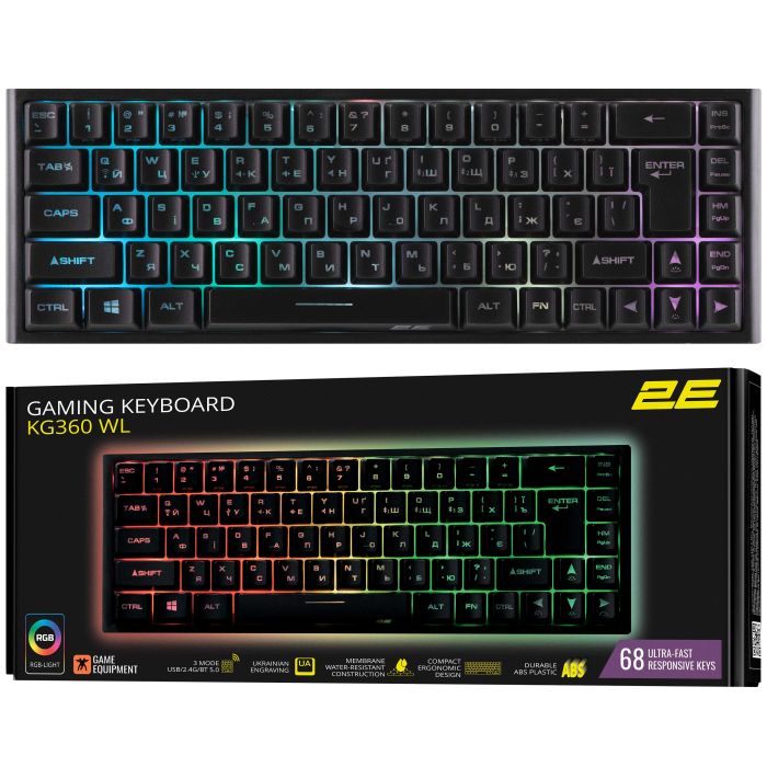 Клавіатура мембранна 2E GAMING KG360 68key, USB-A/WL, EN/UA/RU, RGB, чорний