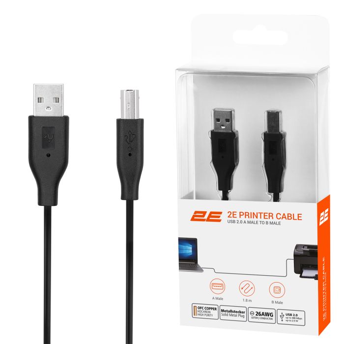 Кабель 2E USB-A > USB-B (AM/BM) синхронізації 1.8м, чорний