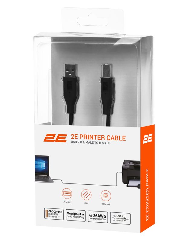 Кабель 2E USB-A > USB-B (AM/BM) синхронізації 3м, чорний