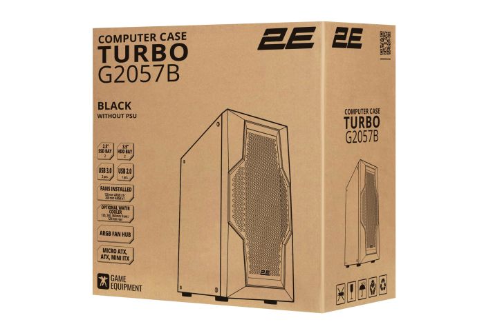 2E GAMING PC case Turbo G2057B without PSU, 2xUSB3.0, 1xUSB2.0, 1x200mm ARGB, 3x120mm ARGB, VGA 345mm, LCS ready, HUB, TG Side Panel, ATX, black