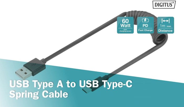 Кабель DIGITUS USB-C > USB-A заряджання/синхронізації, Type-C, спіральний, 1м, чорний