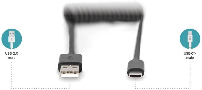Кабель DIGITUS USB-C > USB-A заряджання/синхронізації, Type-C, спіральний, 1м, чорний