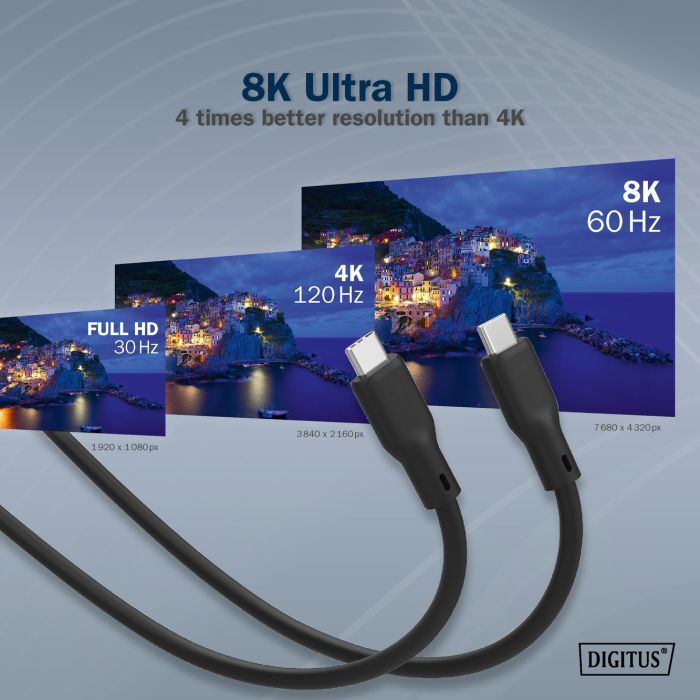 Кабель DIGITUS USB-C заряджання/синхронізації, USB 4.0 Gen 2, 20G, 240W, 8K, силіконовий, 2м, чорний