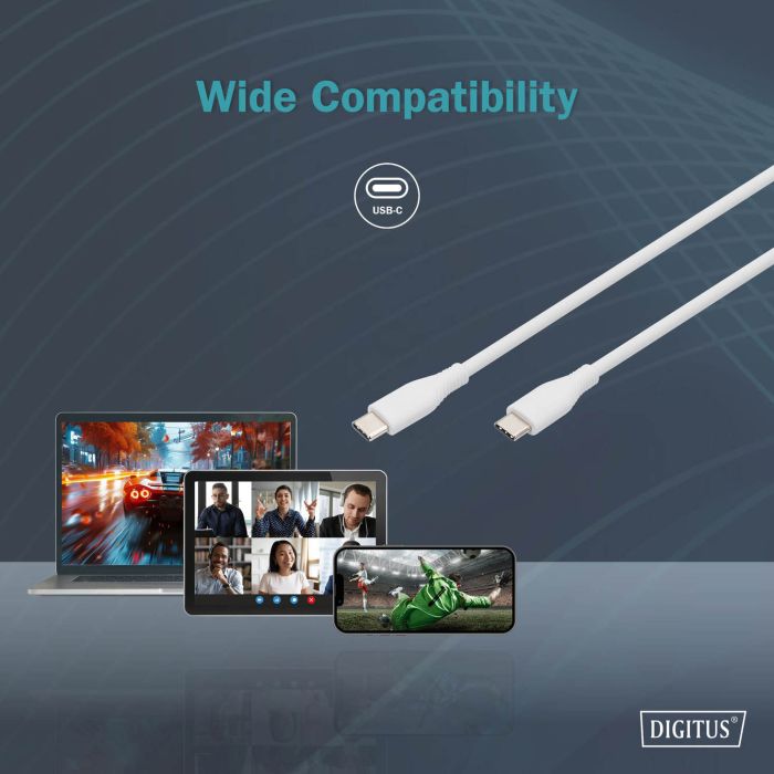 Кабель DIGITUS USB-C > USB-C зарядки/синхронизации, USB 2.0, 60W, силиконовый, 1м, белый