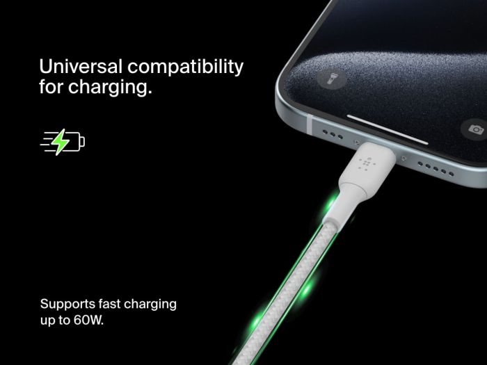 Кабель USB-C > USB-C зарядки/синхронизации Belkin 2м, 60Вт, Type-C, витой, белый
