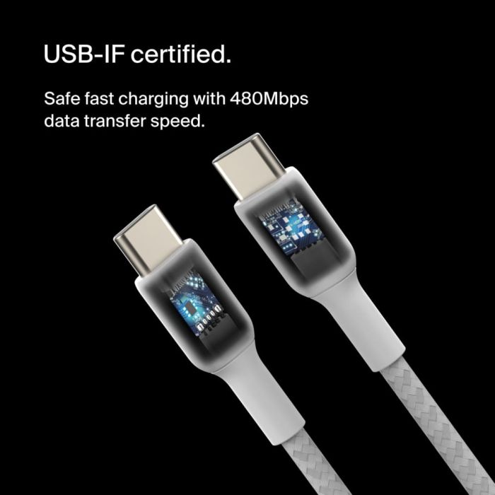 Кабель USB-C > USB-C зарядки/синхронизации Belkin 2м, 60Вт, Type-C, витой, белый