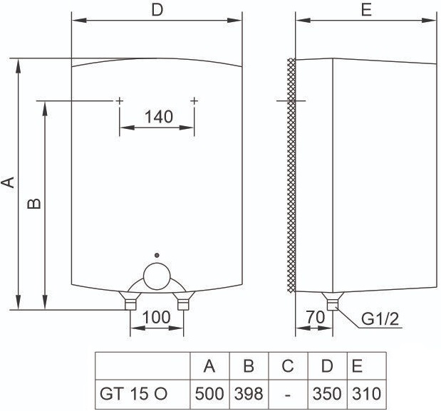Electric water heater TIKI compact GT, 15L, 2kW, mounting above the sink, mechanical control, A, white, 700188