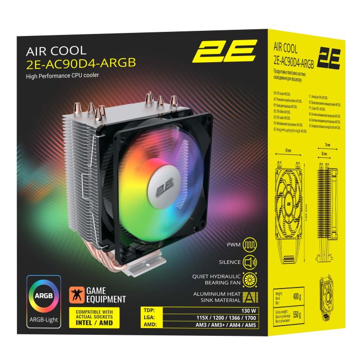 2E GAMING CPU cooler Air Cool AC90D4-RGB, LGA1851, 1700, 1200, 1366, 115x, AM5, AM4, AM3, AM3+, 4pin PWM, TDP 130W