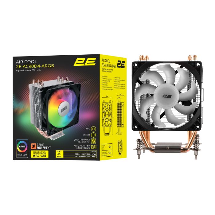 2E GAMING CPU cooler Air Cool AC90D4-RGB, LGA1851, 1700, 1200, 1366, 115x, AM5, AM4, AM3, AM3+, 4pin PWM, TDP 130W