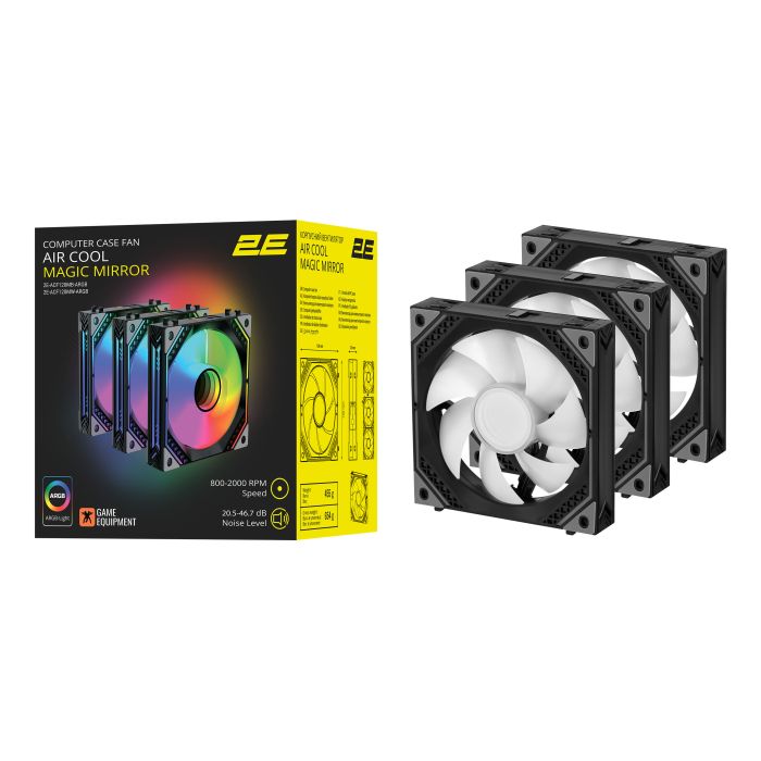 Корпусные вентиляторы 2E GAMING Air Cool Magic Mirror ACF120MB-ARGB, 3x120мм, 2000rpm, 4pin PWM +5VARGB, 20.5dBa, чёрный