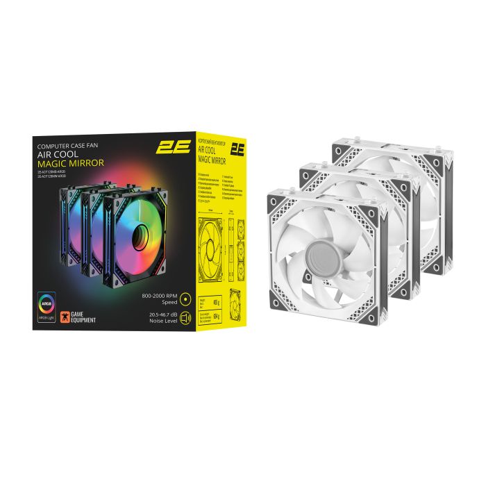 2E GAMING Case Fans Air Cool Magic Mirror ACF120MW-ARGB, 3x120мм, 2000rpm, 4pin PWM +5VARGB, 20.5dBa, white
