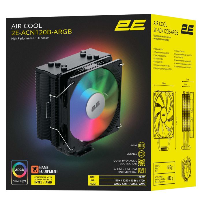 Процессорный кулер 2E GAMING Air Cool ACN120B-ARGB, LGA1851, 1700, 1200, 115x, 1366, AM5, AM4, AM3, AM3+, 4pin PWM, 3pin +5VARGB, TDP 180W