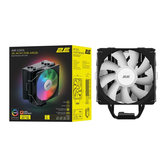 Процессорный кулер 2E GAMING Air Cool ACN120B-ARGB, LGA1851, 1700, 1200, 115x, 1366, AM5, AM4, AM3, AM3+, 4pin PWM, 3pin +5VARGB, TDP 180W