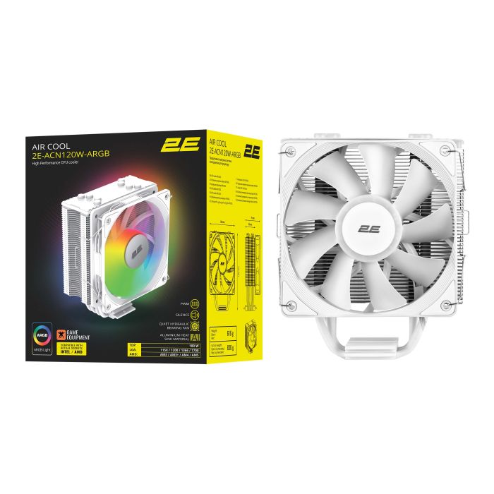 Процесорний кулер 2E GAMING Air Cool ACN120W-ARGB, LGA1851, 1700, 1200, 115x, 1366, AM5, AM4, AM3, AM3+, AM2 ,AM2+, FM2, FM1 4pin PWM, 3pin +5VARGB, TDP 180W