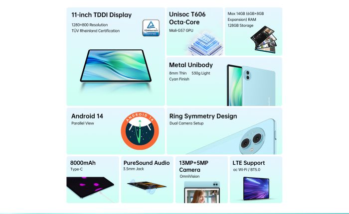 Планшет Teclast P50 11" 6ГБ, 128ГБ, LTE, 8000мА•год, Android, голубой