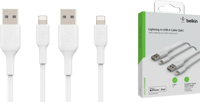 Кабель USB-A > Lightning зарядки/синхронизации Belkin 1м, PVC, (2 Pack), белый