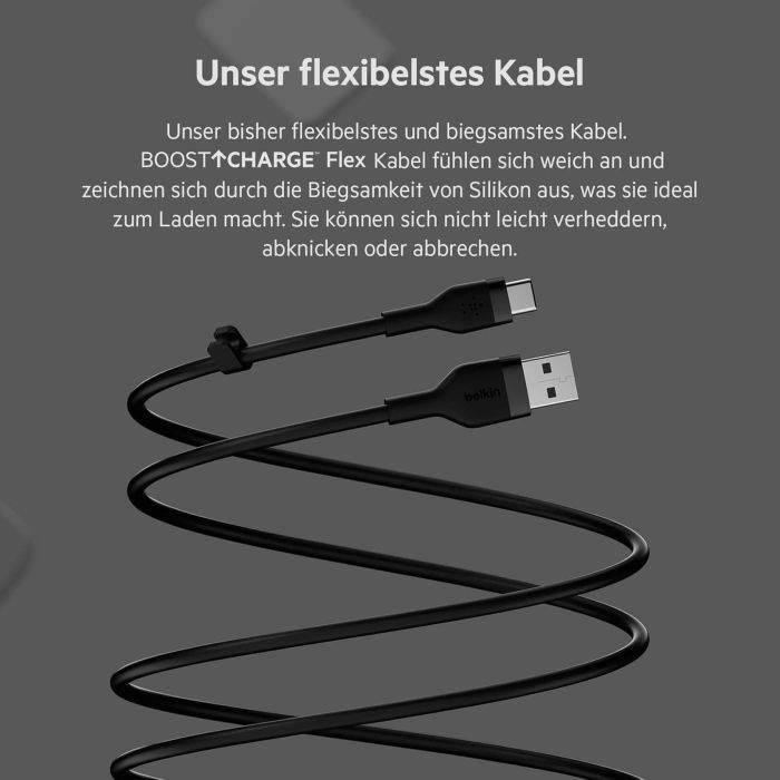 Кабель USB-A > USB-C заряджання/синхронізації Belkin 3м, 15Вт, Type-C, силіконовий з кліпсою, чорний