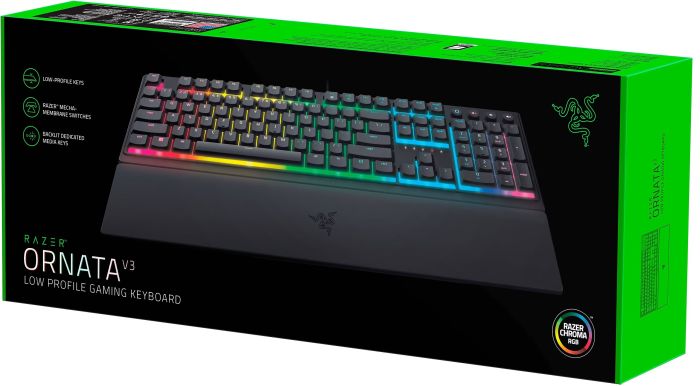Клавиатура механическая Razer Ornata V3 104key, Mecha-Membrane Switch, USB-A, EN/UK, RGB, чёрный