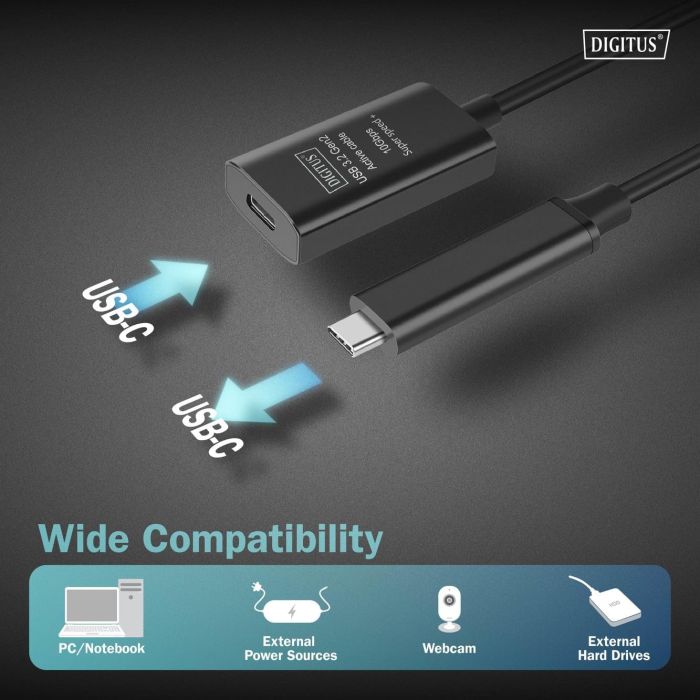 Удлинитель DIGITUS USB 3.2 Gen2 Active Cable 10G, C/M-C/F, 5м, черный