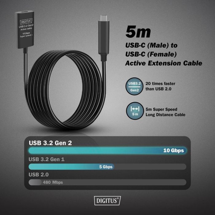Удлинитель DIGITUS USB 3.2 Gen2 Active Cable 10G, C/M-C/F, 5м, черный