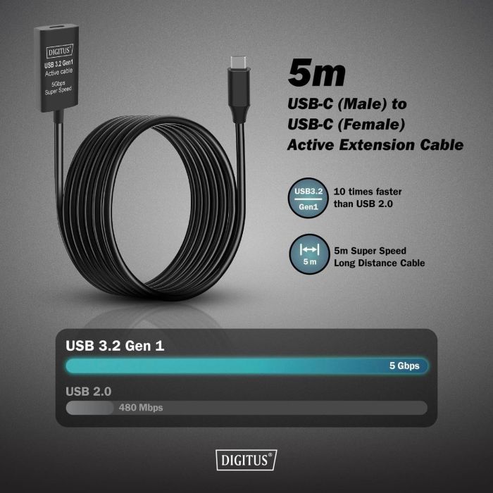 Подовжувач DIGITUS USB 3.2 Gen1 Active Cable 5G, C/M-C/F, 10м, чорний