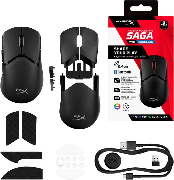 Мишь HyperX Pulsefire SAGA PRO, RGB, USB-A/WL/BT, черный