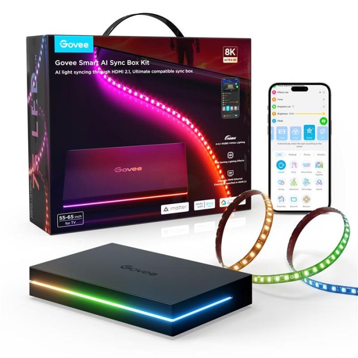Набор адаптивной подсветки Govee H8604 Govee AI Sync Box Kit 2 TV BackLight 55-65', RGBWIC, WI-FI/Bluetooth, чорний