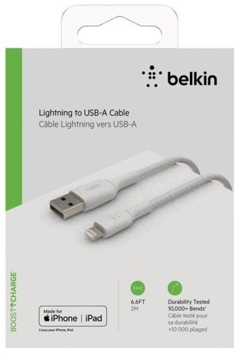 Кабель USB-A > Lightning заряджання/синхронізації Belkin 2м, 12Вт, плетений, білий