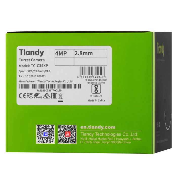 IP-камера   Spec:W/E/Y/2.8mm/V4.0, 4MP, Color Maker Turret, 2.8mm, f/1.0, LED15m, DC12V, PoE, IP67 Tiandy TC-C34XP