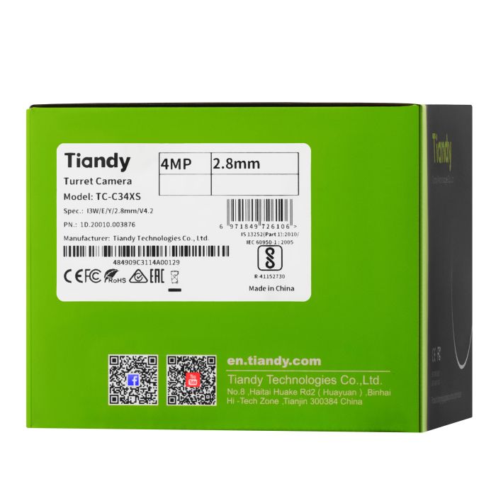 IP Camera  : 4MP, Starlight Color Maker Turret, 2.8mm, f/1.6, IR 30m, LED 15m, PoE, IP67 Tiandy TC-C34XS