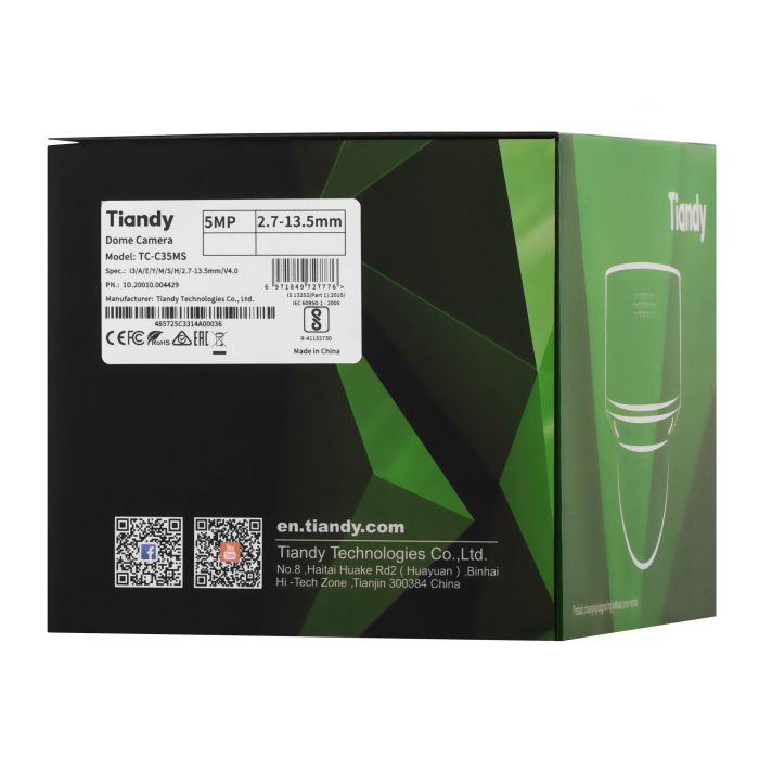 IP Camera  : 5MP, Starlight Dome, 2.7–13.5mm AVF, f/1.6, IR 30m, PoE, IP66, IK10 Tiandy TC-C35MS