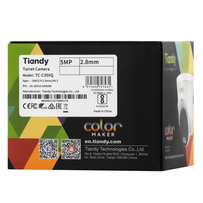 IP Camera  : 5MP, EW Color Maker Turret, 2.8mm, f/1.0, IR 30m, LED 15m, DC 12V, PoE, IP66, speaker Tiandy TC-C35XQ