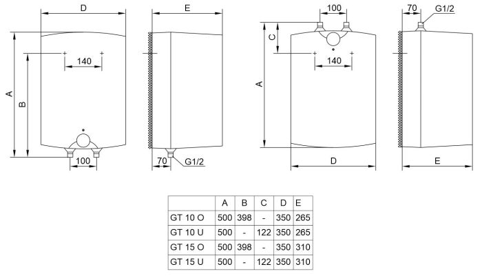 Electric water heater TIKI compact GT, 15L, 2kW, mounting under the sink, mechanical control, A, white, 700189