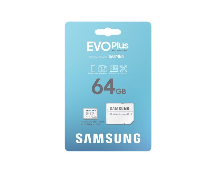 Samsung microSD 64GB C10 UHS-I R130MB/s Evo Plus + SD