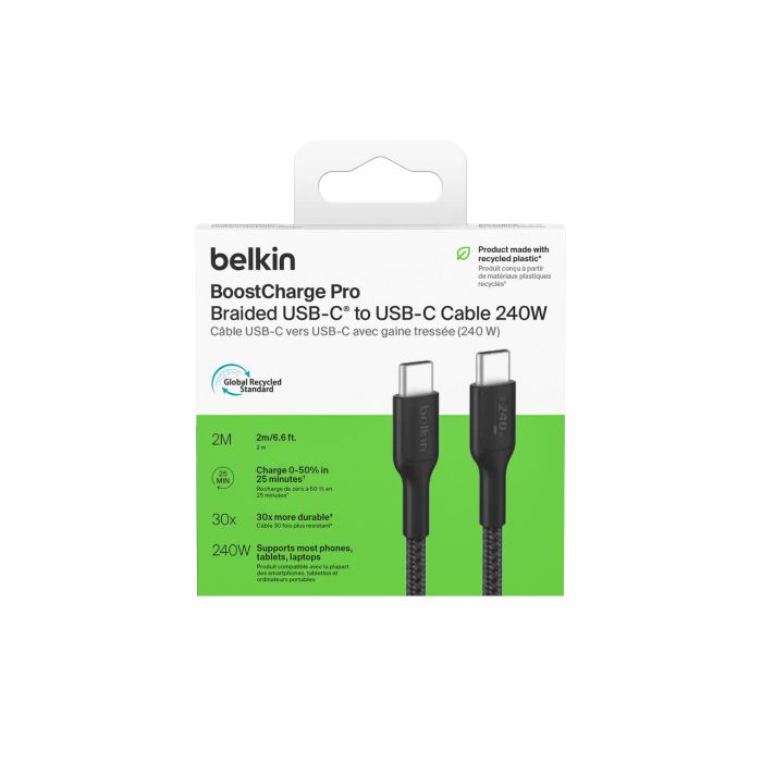 Кабель USB-C > USB-C заряджання/синхронізації Belkin 2м, 240Вт, Type-C, плетений, чорний