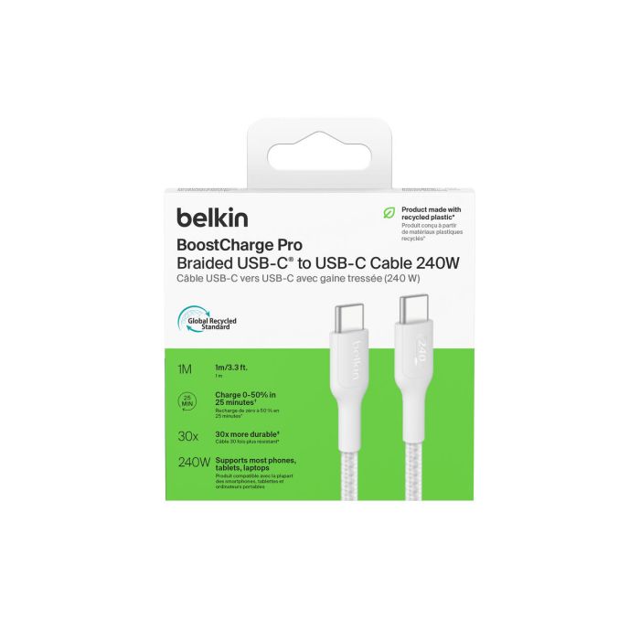 Кабель USB-C > USB-C заряджання/синхронізації Belkin 1м, 240Вт, Type-C, плетений, білий