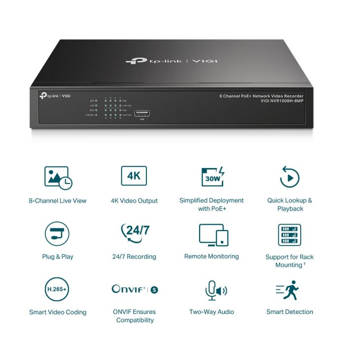 IP-Відеореєстратор TP-LINK VIGI NVR1008H-8MP, 8 каналів Poe, 2xUSB, H265+, 1xHDD, до 16 ТБ, чорний