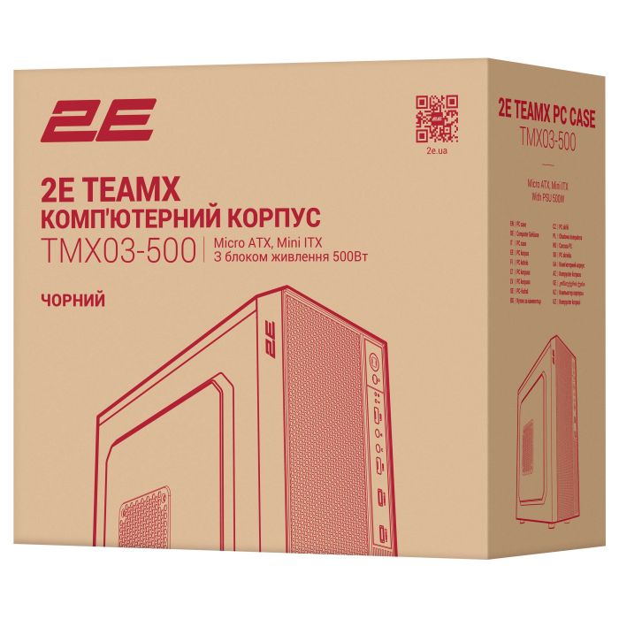 Корпус 2E TeamX TMX03 с БП 2E ATX500W, 2xUSB3.0, 1x80мм, VGA 220мм, mATX, чёрный