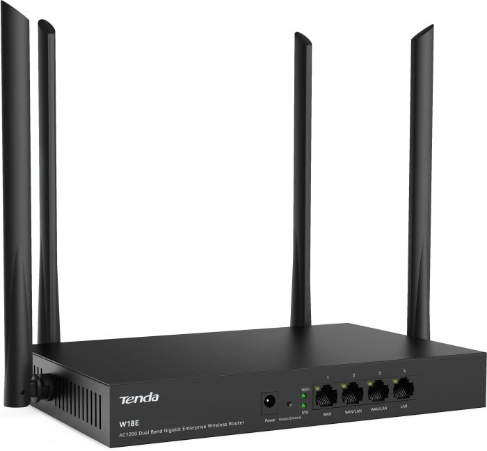 TENDA WiFi Router  Hotspot AC1200 4xGE (1xGE WAN, 2xGE LAN/WAN, 1xGE LAN) Tenda W18E