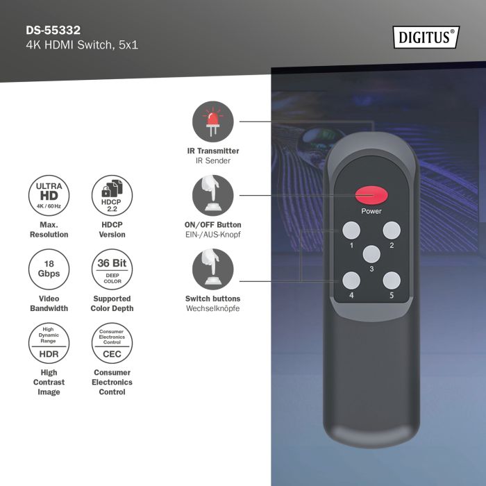 Відеокомутатор DIGITUS UHD HDMI (INx5 - OUTx1), 4K