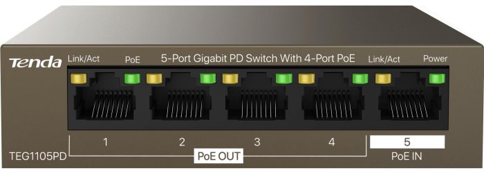 Комутатор TENDA  5xGE (4xPoE PSE, 1xPoE PD), 30Вт, Некерований Tenda TEG1105PD