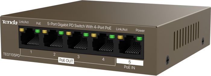 Комутатор TENDA  5xGE (4xPoE PSE, 1xPoE PD), 30Вт, Некерований Tenda TEG1105PD