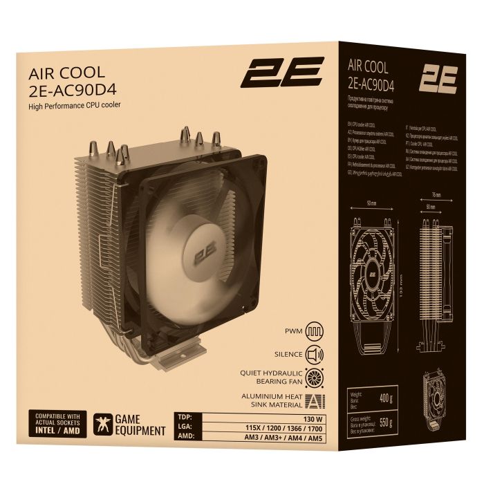 Процесорний кулер 2E GAMING Air Cool AC90D4, LGA1851, 1700, 1200, 1366, 115x, AM5, AM4, AM3, AM3+, 4pin PWM, TDP 130W