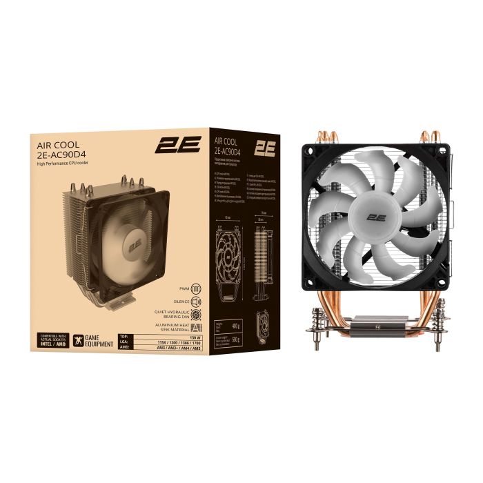 Процесорний кулер 2E GAMING Air Cool AC90D4, LGA1851, 1700, 1200, 1366, 115x, AM5, AM4, AM3, AM3+, 4pin PWM, TDP 130W