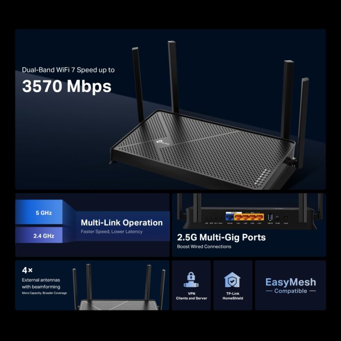 Маршрутизатор TP-LINK Archer BE230 BE3600, 3xGE LAN, 2.5xGE LAN, 2.5xGE WAN, 1xUSB3.0 MESH